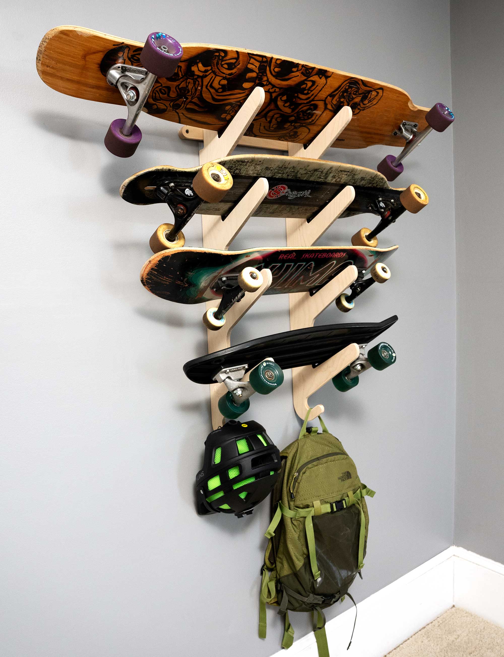 4 Board Skateboard Rack - Wall-Mounted Rack for Longboards