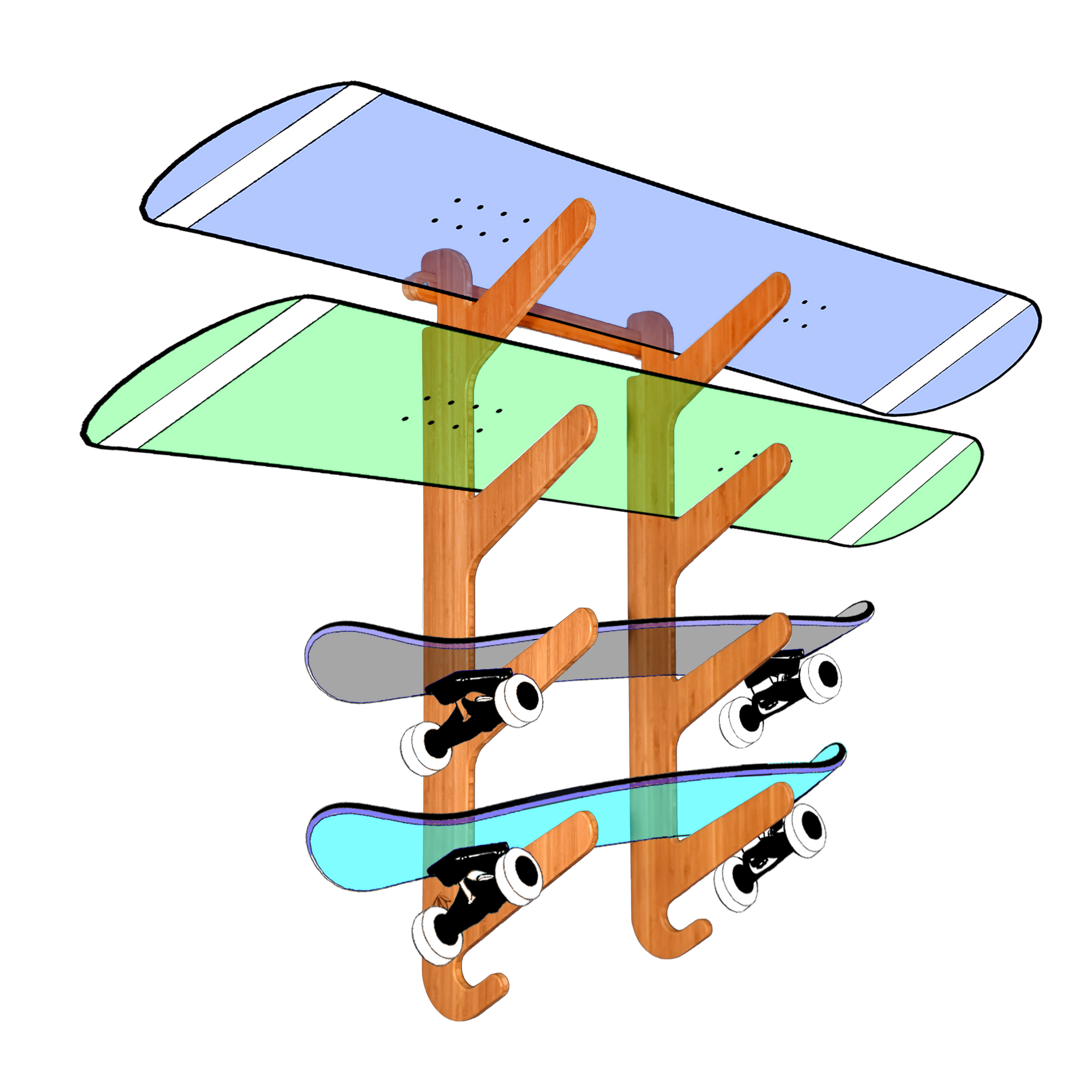 Snowboard Rack | Skateboard Rack | Horizontal Snowboard Wall Mount - Moloka`i Series