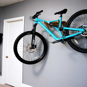 Indoor MTB Wall Rack with Hooks for Helmets and Bags - Bamboo MTB Bike Shelf