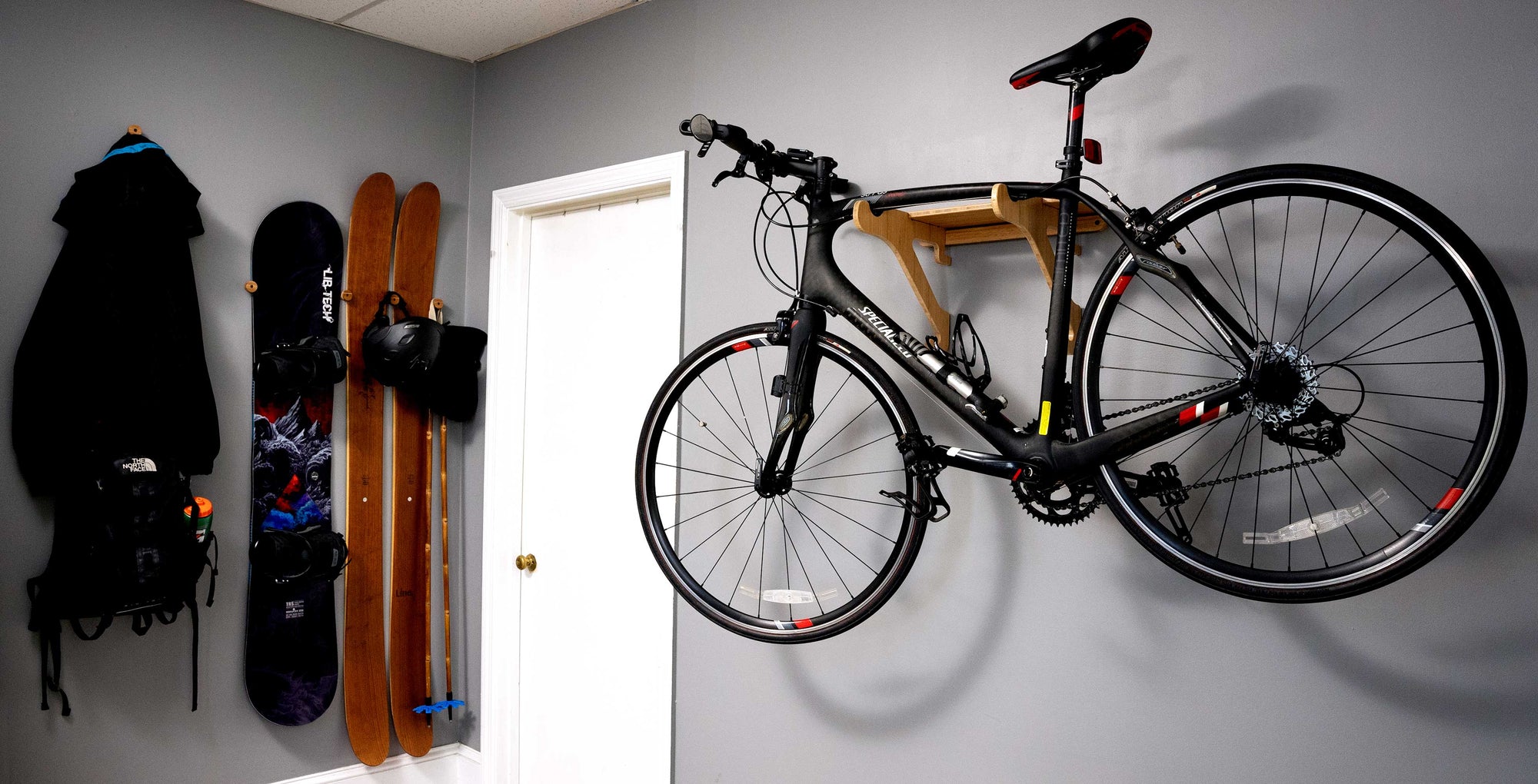 Premium In-Home Bamboo & Birch Bike Wall Mount with Shelf & Utility Hooks -  Grassracks - Bamboo Surfboard Racks, SUP Racks, Ski Racks
