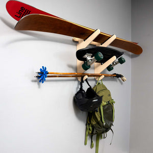 2 Board Rack - Birch Wall Rack for Powder Skis and Skateboards with Utility Hooks