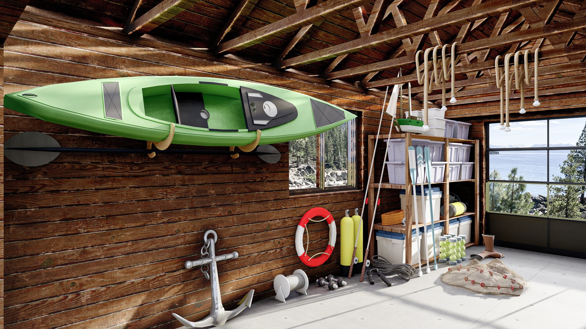 Bamboo & Birch Kayak Rack | Horizontal Wall-Mounted | Indoor & Garage Bamboo