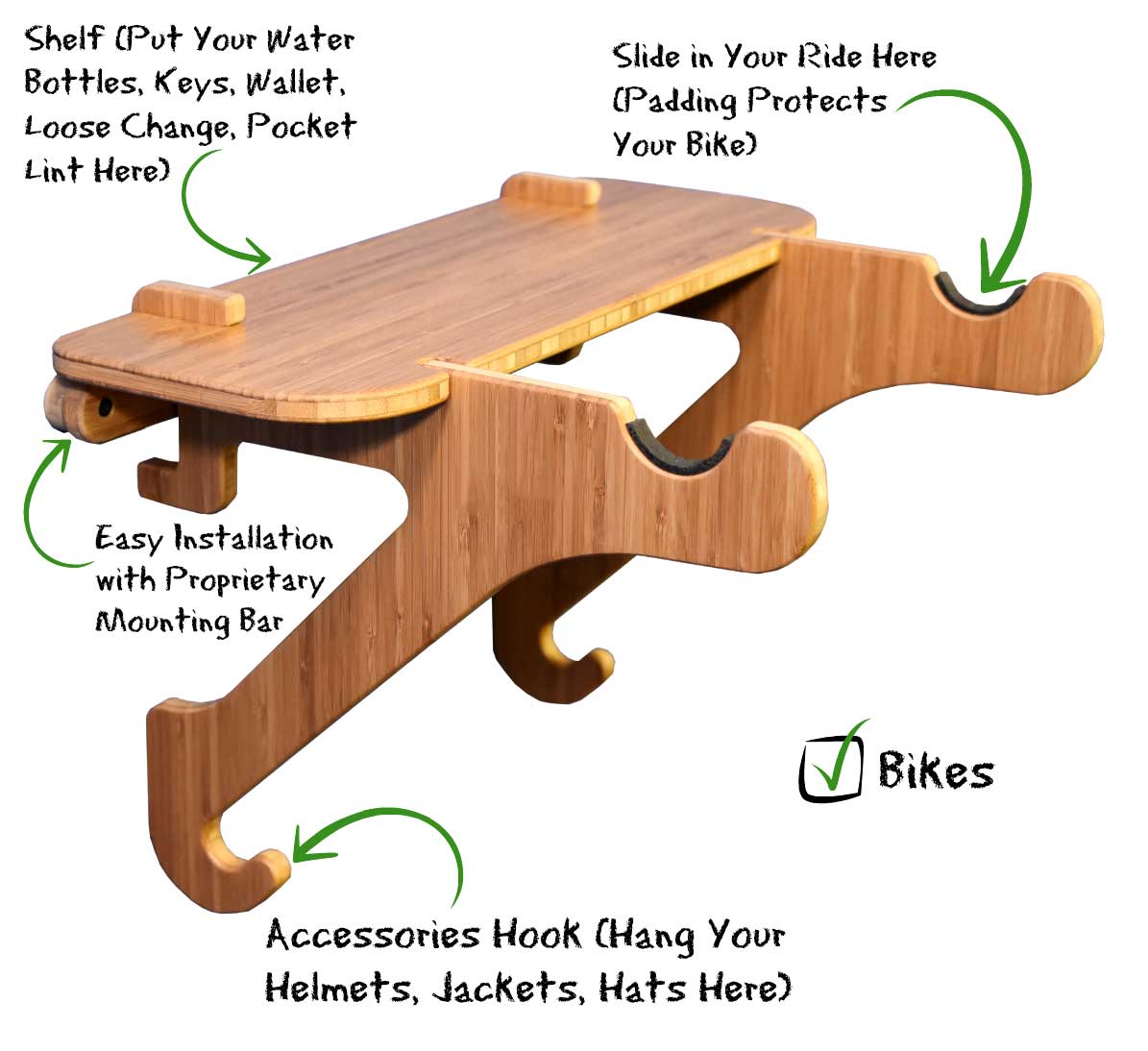 Bamboo Birch Wall Mount | Garage Bike Storage Rack - Grassracks - Bamboo Surfboard | SUP Racks | Ski Racks Bike Racks