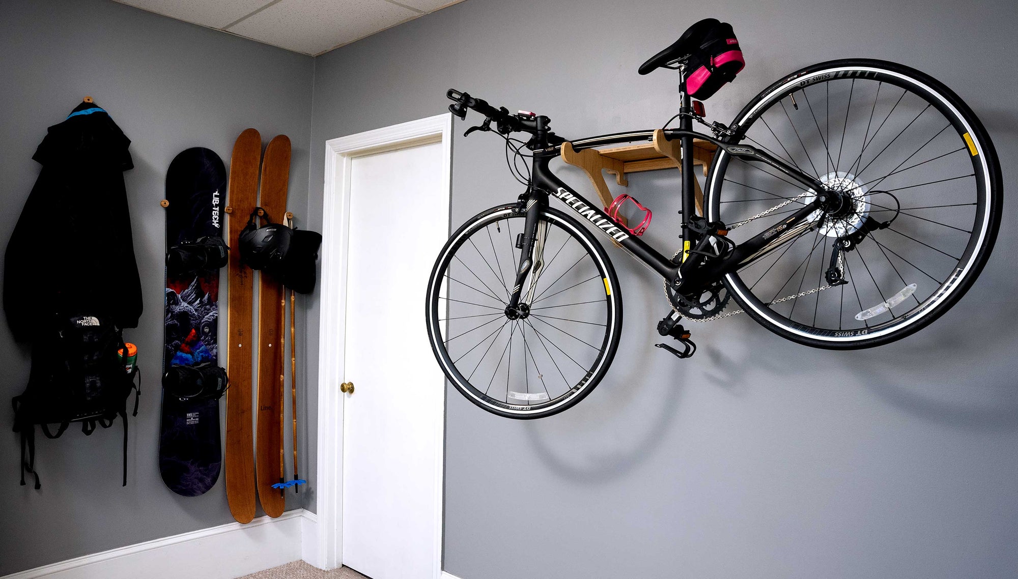 Premium In-Home Bamboo & Birch Bike Wall Mount with Shelf & Utility Hooks - Grassracks - Bamboo Surfboard Racks | SUP Racks | | Bike Racks
